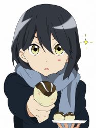 Rule 34 | 10s, 1girl, black hair, feeding, food, inaba himeko, kokoro connect, looking at viewer, niporin, open mouth, scarf, short hair, simple background, solo, takoyaki, white background, yellow eyes