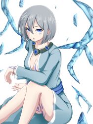 Rule 34 | 1girl, arm tattoo, bare legs, blue eyes, blue gemstone, blue sash, bracelet, breast tattoo, breasts, cleavage, collarbone, commentary request, detached wings, facial tattoo, feet out of frame, gem, grey hair, grey kimono, hair between eyes, highres, ice, ice wings, irma (mon-musu quest!), japanese clothes, jewelry, kimono, knee up, leg tattoo, long sleeves, looking at viewer, medium breasts, mon-musu quest!, mon-musu quest: paradox, open clothes, open kimono, parted lips, partial commentary, raichi (ddq0246), ringed eyes, sash, short hair, simple background, sitting, solo, tattoo, usekh collar, white background, wings, witch