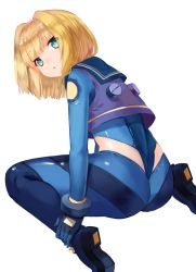 Rule 34 | 10s, 1girl, :o, aqua eyes, ass, back, blonde hair, blunt bangs, bodysuit, boots, bracer, crop top, eyebrows, from behind, full body, gloves, hairband, heavy object, looking back, milinda brantini, ryuuno6, sailor collar, short hair, simple background, sitting, solo, wariza, white background