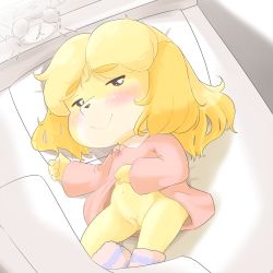 Rule 34 | 1girl, alarm clock, animal crossing, blonde hair, blush, clock, closed mouth, clothes lift, dress, dress lift, dutch angle, from above, furry, furry female, half-closed eyes, highres, isabelle (animal crossing), long sleeves, looking at viewer, nintendo, no humans, no panties, pussy, smile, solo, thick eyebrows, yuri neko