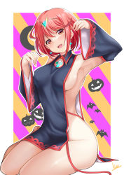 Rule 34 | 1girl, :d, absurdres, alternate costume, areola slip, arm up, armpits, bare legs, bare shoulders, bat (animal), blush, border, breasts, chest jewel, commentary request, daive, detached sleeves, earrings, head tilt, highres, jewelry, long sleeves, looking at viewer, medium breasts, multicolored background, naked tabard, open mouth, outside border, pumpkin, pyra (xenoblade), red eyes, red hair, short hair, sideless outfit, signature, sitting, smile, solo, striped, striped background, tabard, tiara, white border, xenoblade chronicles (series), xenoblade chronicles 2, yokozuwari