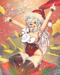 Rule 34 | 1girl, armpits, arms up, breasts, christmas, hat, large breasts, leotard, long hair, merry christmas, purple eyes, red hat, santa hat, solo, suertee34, thighhighs, very long hair, white hair, wrist cuffs
