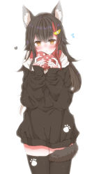 Rule 34 | 1boy, animal ears, black hair, highres, hiro (hirohiro31), holding, hololive, hololive gamers, hood, hoodie, long hair, multicolored hair, ookami mio, pawpads, solo, tail, tail wrap, thighhighs, two-tone hoodie, very long hair, virtual youtuber, wolf ears, wolf girl, wolf tail