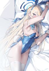 Rule 34 | 1girl, animal ears, arm up, armpits, bare arms, bare shoulders, bed sheet, blonde hair, blue archive, blue bow, blue bowtie, blue eyes, blue hair, blue leotard, blue ribbon, blush, bow, bowtie, braid, breasts, cleavage, covered mouth, earrings, fake animal ears, fake tail, groin, haine 1871, hair ribbon, half-closed eyes, half up braid, halo, head on pillow, highleg, highleg leotard, highres, jewelry, leotard, long hair, looking at viewer, lying, medium breasts, multicolored hair, official alternate costume, on side, pillow, playboy bunny, rabbit ears, rabbit tail, ribbon, solo, strapless, strapless leotard, streaked hair, tail, thighhighs, thighs, toki (blue archive), toki (bunny) (blue archive), very long hair, white background, white thighhighs, white wrist cuffs, wrist cuffs
