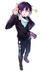 Rule 34 | &gt; o, 10s, 1boy, ;q, black hair, blue eyes, highres, jacket, jersey, male focus, noragami, one eye closed, pants, pen (steelleets), scarf, simple background, solo, standing, star (symbol), tongue, tongue out, track jacket, track pants, white background, yato (noragami)