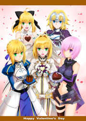 Rule 34 | 10s, 5girls, :d, ahoge, armor, armored dress, artoria pendragon (all), artoria pendragon (fate), bare shoulders, belt, blonde hair, blue eyes, bodysuit, bow, box, breasts, bridal veil, candy, capelet, chain, chocolate, chocolate heart, clothing cutout, crown, detached sleeves, elbow gloves, fate/apocrypha, fate/extra, fate/extra ccc, fate/grand order, fate/stay night, fate/unlimited codes, fate (series), faulds, flower, food, gauntlets, gift, gift box, giving, gloves, green eyes, hair bow, hair intakes, hair over one eye, hair ribbon, happy valentine, headpiece, heart, impossible clothes, jeanne d&#039;arc (fate), jeanne d&#039;arc (ruler) (fate), juliet sleeves, lock, long hair, long sleeves, looking at viewer, mash kyrielight, medium breasts, multiple girls, navel, navel cutout, nero claudius (bride) (fate), nero claudius (fate), nero claudius (fate) (all), open mouth, outstretched arms, padlock, petals, pink background, pink hair, ponytail, puffy sleeves, purple eyes, ribbon, saber (fate), saber lily, shirotsumekusa, short hair, single thighhigh, smile, thigh strap, thighhighs, valentine, veil