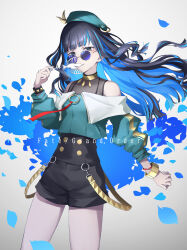 Rule 34 | 1girl, absurdres, bare shoulders, beret, black hair, black shorts, blue hair, bracelet, breasts, buttons, colored inner hair, copyright name, double-breasted, eyeliner, fate/grand order, fate (series), green hat, green jacket, grey eyes, hat, highres, jacket, jewelry, key, long hair, long sleeves, looking at viewer, makeup, multicolored hair, neck ring, o-ring, off shoulder, petals, round eyewear, shorts, sidelocks, small breasts, smile, solo, sunglasses, tenochtitlan (fate), tenochtitlan (second ascension) (fate), thighs, wavy hair, yuniyuni, zipper