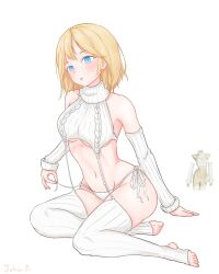 Rule 34 | 1girl, absurdres, alternate costume, bare shoulders, blonde hair, blue eyes, blush, breasts, commentary request, detached sleeves, groin, head tilt, highres, hololive, hololive english, john a, long sleeves, medium breasts, meme attire, midriff, navel, panties, parted lips, short hair, side-tie panties, simple background, sitting, sleeveless, sleeveless turtleneck, solo, stomach, thighhighs, thighs, toeless legwear, turtleneck, underboob, underwear, virgin destroyer sweater, virtual youtuber, watson amelia, white background, white panties, white thighhighs, yokozuwari