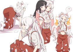 Rule 34 | 2girls, absurdres, black eyes, black hair, blush, bow, closed mouth, collared shirt, fire, fujiwara no mokou, hair bow, highres, hime cut, houraisan kaguya, japanese clothes, kawayabug, long hair, long sleeves, motion lines, multiple girls, multiple views, navel, pants, parted lips, pink shirt, red eyes, red pants, shirt, simple background, smile, speech bubble, suspenders, touhou, white background, white bow, white hair, white shirt, wide sleeves