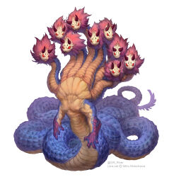 Rule 34 | :&lt;, animal focus, artist name, full body, g.river, highres, horns, hydra, monster, multiple heads, no humans, original, red eyes, scales, simple background, solo, tail, white background