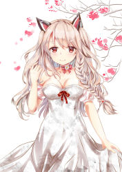 Rule 34 | 1girl, animal ears, azur lane, bare shoulders, blush, braid, breasts, cleavage, closed mouth, collarbone, detached sleeves, dress, floral print, flower, hair between eyes, hand up, highres, large breasts, light brown hair, long hair, looking at viewer, mutang, print dress, puffy short sleeves, puffy sleeves, red eyes, red flower, red ribbon, ribbon, short sleeves, side braid, simple background, single braid, skirt hold, smile, solo, strapless, strapless dress, thick eyebrows, unmoving pattern, very long hair, white background, white dress, white flower, wolf ears, yuudachi (azur lane)