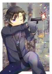 Rule 34 | black gloves, black hair, black jacket, black pants, black shirt, blue gemstone, building, commentary request, commission, feet out of frame, firing, gem, gloves, gun, handgun, holding, holding gun, holding weapon, jacket, kou hiyoyo, long sleeves, mole, mole under eye, one eye closed, open clothes, open jacket, original, pants, parted bangs, purple eyes, shirt, skeb commission, solo, weapon