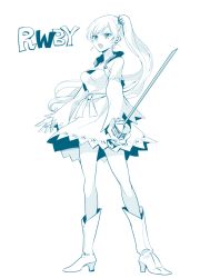 Rule 34 | 1girl, aqua theme, blue theme, boots, copyright name, dress, full body, holding, holding sword, holding weapon, jewelry, long hair, monochrome, necklace, ponytail, rapier, rwby, shinoasa, solo, sword, weapon, weiss schnee, white background, white hair