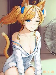 Rule 34 | 1girl, absurdres, ahoge, all fours, animal ear fluff, animal ears, bare legs, bare shoulders, blonde hair, blue bow, blue bra, blue eyes, bow, bra, breasts, cat ears, cat tail, cleavage, collarbone, dated, dress shirt, grin, hand fan, highres, indoors, kneeling, lips, long hair, looking at viewer, matmaj, medium breasts, mole, mole under eye, one eye closed, open clothes, original, partially unbuttoned, shirt, smile, solo, strap slip, tail, twintails, underwear, white shirt, wind
