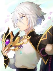 Rule 34 | 1boy, blue eyes, cherry blossoms, chinese clothes, closed mouth, dated, fate/grand order, fate (series), fingernails, fon-due (fonfon), grey hair, hair between eyes, holding, holding mask, male focus, mask, pom pom (clothes), prince of lan ling (fate), shirt, short hair, signature, solo, upper body, white shirt