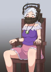 Rule 34 | 1girl, animal ears, bare legs, breasts, collarbone, commentary request, dog ears, frilled shirt, frilled skirt, frills, grey hair, highres, jewelry, mani padme, medium breasts, mitsugashira enoko, multicolored hair, necklace, off-shoulder shirt, off shoulder, pink skirt, purple shirt, red eyes, saw (movie), shirt, short hair, skirt, solo, textless version, tied to chair, touhou, trapped, two-tone hair, white hair, wooden chair