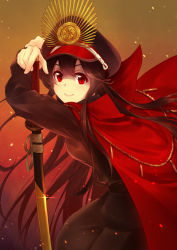 Rule 34 | 1girl, belt, black hair, black pants, cape, cowengium, fate/grand order, fate (series), floating hair, from side, hat, highres, holding, holding sword, holding weapon, katana, long hair, looking at viewer, military, military hat, military uniform, oda nobunaga (fate), oda nobunaga (koha-ace), pants, red eyes, sheath, smile, solo, sword, uniform, very long hair, weapon
