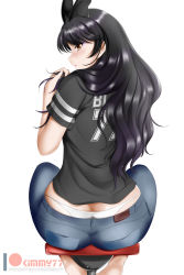 Rule 34 | 1girl, animal ears, ass, bikini, bikini bottom only, bikini under clothes, black hair, black shirt, blake belladonna, blush, bow, breasts, brown eyes, butt crack, cat ears, clothes writing, commentary, denim, downpants, eyeshadow, from behind, hair bow, highres, jeans, kimmy77, long hair, looking at viewer, looking back, makeup, open mouth, panties, pants, panty peek, pantyslip, rwby, shirt, short sleeves, simple background, sitting, skindentation, solo, swimsuit, underwear, whale tail (clothing), white background, white bikini, white panties, yellow eyes