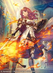 Rule 34 | 1girl, arm guards, armor, armored boots, black gloves, black thighhighs, boots, breastplate, cape, celica (fire emblem), closed mouth, commentary request, company connection, copyright name, dress, fingerless gloves, fire, fire emblem, fire emblem cipher, fire emblem echoes: shadows of valentia, framed breasts, gloves, holding, holding shield, holding sword, holding weapon, indoors, jewelry, long hair, nintendo, official art, red eyes, red hair, shield, short sleeves, standing, sword, thighhighs, umiu geso, weapon, zettai ryouiki