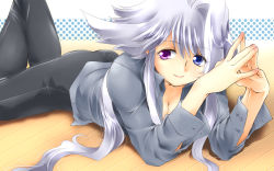 Rule 34 | 1girl, ass, breasts, cleavage, grey hair, heterochromia, large breasts, lavolpe (yagisaka seto), long hair, lying, on stomach, original, smile, solo, very long hair, yagisaka seto