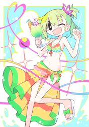Rule 34 | 1girl, ;d, absurdres, alternate hairstyle, asameshi, bikini, breasts, bright pupils, cup, drinking glass, drinking straw, green hair, heart, heart of string, highres, holding, holding cup, komeiji koishi, leg up, looking at viewer, medium breasts, multicolored bikini, multicolored clothes, navel, one e, one eye closed, open mouth, sarong, short hair, smile, solo, star (symbol), swimsuit, third eye, touhou, white pupils