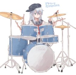 Rule 34 | 1girl, afterimage, anchor symbol, az toride, black hat, black sailor collar, black skirt, blue eyes, commentary request, cymbals, drum, drum set, drumsticks, flat cap, full body, hat, hibiki (kancolle), instrument, kantai collection, long hair, long sleeves, neckerchief, pleated skirt, red neckerchief, sailor collar, school uniform, serafuku, silver hair, simple background, skirt, solo, white background