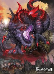 Rule 34 | artist name, company name, dinosaur, dinosaur tail, extra eyes, fangs, force of will, gozz, official art, open mouth, red eyes, sky, tail, tongue, tongue out