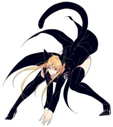 Rule 34 | 10s, 1girl, :q, bad id, bad pixiv id, bent over, black footwear, black jacket, blonde hair, boots, breasts, cat tail, closed mouth, eyebrows, female focus, full body, genderswap, genderswap (mtf), hair between eyes, high heel boots, high heels, izumi kouhei, jacket, kemonomimi mode, long hair, long sleeves, looking at viewer, pepper fever, simple background, sketch, solo, tail, tongue, tongue out, uniform, v arms, white background, world trigger, yellow eyes