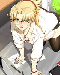 Rule 34 | 1girl, absurdres, all fours, black skirt, blonde hair, braid, breasts, cleavage, collarbone, collared shirt, dress shirt, fate/apocrypha, fate (series), french braid, glasses, green eyes, highres, hyperbudd, jewelry, long hair, long sleeves, looking at viewer, mordred (fate), mordred (fate/apocrypha), necklace, office lady, open mouth, parted bangs, pencil skirt, ponytail, shirt, sidelocks, skirt, small breasts, solo, white shirt