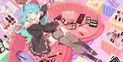 Rule 34 | 1girl, aqua eyes, aqua hair, bag, boots, bottle, butterfly hair ornament, confetti, cosmetics, couch, crossed legs, frilled skirt, frills, from above, garter straps, hair ornament, handbag, hatsune miku, high heels, honey whip (module), layered skirt, lipstick tube, long hair, long sleeves, looking at viewer, makeup, makeup brush, nail polish, navel, p0ckylo, perfume bottle, pink nails, shoes, unworn shoes, sitting, skirt, smile, solo, sweet devil (vocaloid), thighhighs, twintails, vocaloid