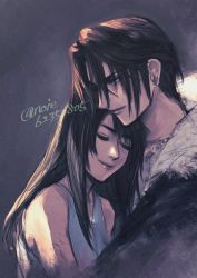 Rule 34 | 1boy, 1girl, black hair, closed mouth, closed eyes, final fantasy, final fantasy viii, highres, long hair, noie (neunteedelstein), rinoa heartilly, simple background, smile, squall leonhart