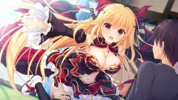 Rule 34 | 1boy, 1girl, :d, black sleeves, black thighhighs, blonde hair, blurry, blurry background, blush, breasts, brown hair, cleavage, detached sleeves, diadem, dragon horns, dragon tail, dragon wings, drapri guu-ta-life, floating hair, game cg, grey shirt, hair between eyes, haru (drapri guu-ta-life), highres, horns, indoors, large breasts, layered skirt, long hair, long sleeves, midriff, miniskirt, miyamoto takeru, navel, open mouth, outstretched arms, red eyes, red wings, shirt, short hair, skirt, smile, stomach, tail, takano yuki (allegro mistic), thighhighs, very long hair, white footwear, wide sleeves, wings