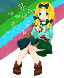 Rule 34 | 1boy, bag, blonde hair, blue eyes, bow, butters stotch, crossdressing, full body, hair bow, highres, long sleeves, looking at viewer, low twintails, male focus, marjorine, open mouth, riia0602, sitting, skirt, solo, south park, twintails