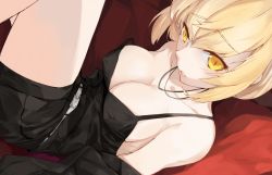 Rule 34 | 1girl, artoria pendragon (all), artoria pendragon (fate), black dress, black shorts, blonde hair, blush, braid, breasts, cleavage, collarbone, commentary request, covered erect nipples, dress, fate/grand order, fate (series), french braid, gothic lolita, hair between eyes, highres, large breasts, lips, lolita fashion, long hair, lying, official alternate costume, on back, oshin0 (zheng), parted lips, saber (fate), saber alter, saber alter (ver. shinjuku 1999) (fate), shorts, solo, strap slip, yellow eyes