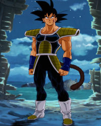 Rule 34 | 1boy, absurdres, armor, bardock, black hair, boots, clenched hands, cloud, commentary, derivative work, dragon ball, dragon ball super, facial scar, full body, highres, looking at viewer, male focus, comic panel redraw, monkey tail, night, night sky, saiyan armor, salvamakoto, scar, scar on cheek, scar on face, sky, solo, spanish commentary, spiked hair, standing, tail