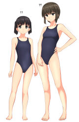 2girls absurdres age_difference barefoot black_eyes black_hair black_one-piece_swimsuit breasts competition_swimsuit flat_chest full_body groin hand_on_own_hip height_difference highres looking_at_viewer multiple_girls one-piece_swimsuit original short_hair simple_background small_breasts standing swimsuit takafumi twintails white_background