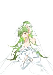 Rule 34 | 1girl, absurdres, bahao diqiu, bare shoulders, blush, bow, breasts, bridal veil, cleavage, dress, earrings, flower, girls&#039; frontline, gloves, green hair, hair bow, hair flower, hair ornament, highres, jewelry, long hair, looking at viewer, m950a (girls&#039; frontline), m950a (the warbler and the rose) (girls&#039; frontline), mouth hold, official alternate costume, one eye closed, ring, solo, veil, wedding band, wedding dress, white background, white dress, white gloves, yellow eyes