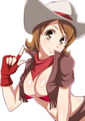 Rule 34 | 10s, 1girl, bandana, breasts, brown eyes, brown hair, cleavage, cowboy, cowboy hat, cowboy western, eyelashes, fingerless gloves, fringe trim, gloves, happinesscharge precure!, happy, hat, jabara tornado, large breasts, looking at viewer, midriff, oomori yuuko, precure, red bandana, red gloves, short hair, simple background, smile, solo, vest, western, white background