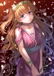 Rule 34 | 10s, 1girl, alternate hair length, alternate hairstyle, bad id, bad pixiv id, blue eyes, bow, brown hair, bug, butterfly, choker, closed mouth, clothing cutout, cowboy shot, dress, earrings, floral background, flower, gradient background, hair bow, head wreath, holding, holding flower, insect, jewelry, kosaka honoka, long hair, looking at viewer, love live!, love live! school idol project, miazi, one side up, pink bow, pink dress, plant, sash, shade, shoulder cutout, smile, solo, v arms, very long hair, vines, white flower