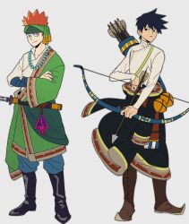 Rule 34 | 2boys, alternate costume, arrow (projectile), black footwear, black hair, boots, bow (weapon), brown footwear, closed mouth, clothing request, commentary request, crossed arms, full body, headband, holding, holding arrow, holding bow (weapon), holding weapon, jewelry, kageyama ritsu, long sleeves, looking at viewer, male focus, mob psycho 100, multiple boys, necklace, orange hair, quiver, r.n, short hair, simple background, smile, standing, suzuki shou, sword, weapon, white background