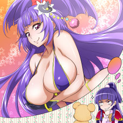 Rule 34 | 1girl, alternate breast size, breasts, cure magical, dual persona, hat, huge breasts, imagining, izayoi liko, long hair, looking at viewer, magical girl, mahou girls precure!, mini hat, mini witch hat, mofurun (mahou girls precure!), nakahira guy, pink eyes, precure, purple hair, smile, witch hat