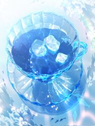 Rule 34 | blue theme, caustics, cup, drink, food focus, highres, ice, ice cube, makoron117117, no humans, original, reflection, saucer, still life, teacup