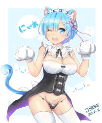 Rule 34 | 1girl, animal ears, animal hands, artist name, black panties, blue eyes, blue hair, blush, breasts, cat ears, cat paws, cat tail, cleavage, commentary request, dated, gloves, hair ornament, hair over one eye, hair ribbon, happy birthday, highres, large breasts, looking at viewer, maid, micro panties, mint (cerbi), one eye closed, open mouth, panties, pink ribbon, re:zero kara hajimeru isekai seikatsu, rem (re:zero), ribbon, short hair, solo, tail, thighhighs, translation request, underwear, white gloves, white thighhighs, x hair ornament