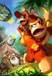 Rule 34 | 3boys, ape, banana, barrel, baseball cap, blue sky, cane, commentary, cranky kong, diddy kong, donkey kong, donkey kong (series), donkey kong country, dramegar, explosive, food, fruit, furry, furry male, gorilla, grass, hat, holding, holding cane, holding food, holding fruit, house, multiple boys, musical note, necktie, nintendo, open mouth, outdoors, red headwear, red necktie, sky, stereo, table, tnt, tree, treehouse