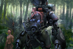 Rule 34 | 1boy, 1girl, black hair, brown hair, forest, gloves, goggles, goggles on head, jungle, mecha, mohawk, nature, noba, original, polearm, robot, science fiction, short hair, spear, tree, weapon