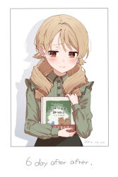 Rule 34 | 1girl, aged up, animal ears, blush, book, dated, drawing (object), drill hair, glint, green shirt, highres, holding, holding book, idolmaster, idolmaster cinderella girls, jewelry, light brown hair, light smile, long hair, long sleeves, looking away, morikubo nono, ring, shirt, shisui (5830217), solo, twintails, wedding ring