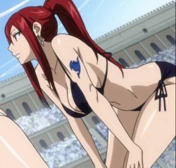 Rule 34 | 1girl, arm tattoo, armpits, back-tie bikini, bikini, black bikini, breasts, brown eyes, cleavage, closed mouth, collarbone, colosseum, curvy, day, earrings, erza scarlet, eyelashes, fairy tail, female focus, fingernails, focused, from side, hands on own thighs, jewelry, large breasts, leaning forward, legs, legs together, long hair, long image, looking to the side, midriff, navel, neck, outdoors, parted lips, ponytail, profile, public indecency, red hair, screencap, shiny skin, side-tie bikini bottom, side bangs, sideboob, sidelocks, sky, standing, straight hair, summer, sunlight, swimsuit, tall image, tattoo, thighs, thighs together, very long hair