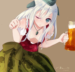 Rule 34 | 10s, 1girl, ;o, alcohol, bad id, bad pixiv id, beer, blue eyes, breasts, cup, dirndl, downblouse, german clothes, hat, highres, kantai collection, mug, one eye closed, small breasts, solo, tebi (tbd11), u-511 (kancolle), white hair