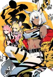 Rule 34 | 2022, 3girls, ahoge, animal ears, bare shoulders, blonde hair, blue eyes, blush, body markings, braid, braided ponytail, breasts, caenis (fate), cleavage, collarbone, cow ears, cow horns, dark-skinned female, dark skin, fake animal ears, fate/extra, fate/grand order, fate (series), florence nightingale (fate), folded ponytail, green eyes, grin, hair intakes, hairband, highres, horns, koshiro itsuki, large breasts, long hair, looking at viewer, mouse ears, multiple girls, nero claudius (fate), nero claudius (fate) (all), nero claudius (fate/extra), pink hair, red eyes, smile, thighs, tiger ears, twintails, very long hair, white hair