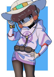 Rule 34 | 1boy, blush stickers, bright pupils, brown bag, brown eyes, brown hair, brown pantyhose, closed mouth, commentary request, creatures (company), game freak, hand on own hip, hand up, hat, head tilt, highres, hood, hood down, hooded jacket, jacket, lian (pokemon), male focus, nintendo, pants, pantyhose, pokemon, pokemon legends: arceus, purple jacket, short hair, solo, tight clothes, tight pants, uminar, white hat, white pupils